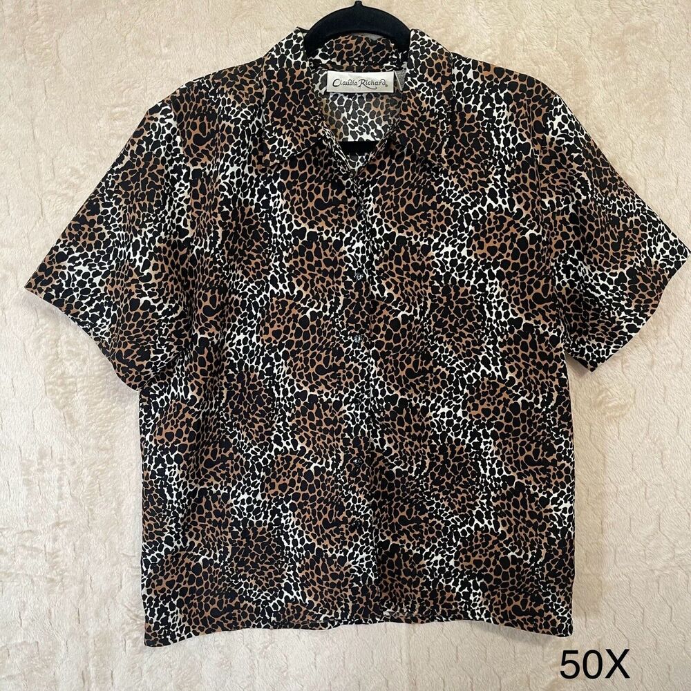 Claudia Richard Animal Print Leopard Button Down T Shirt‎ Women’s Sz 12